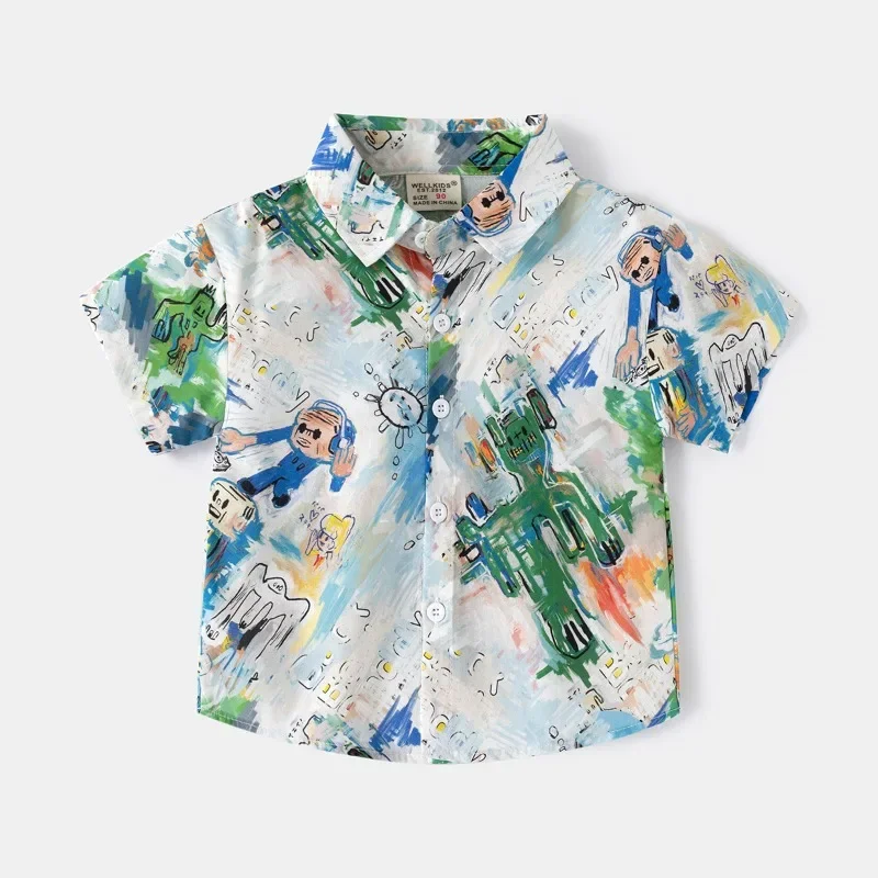Boys' Graffiti Short Sleeved Shirts, Summer Children's Printed Shirt, Boys' Baby Flower Shirt Blouse Blusa Infantil