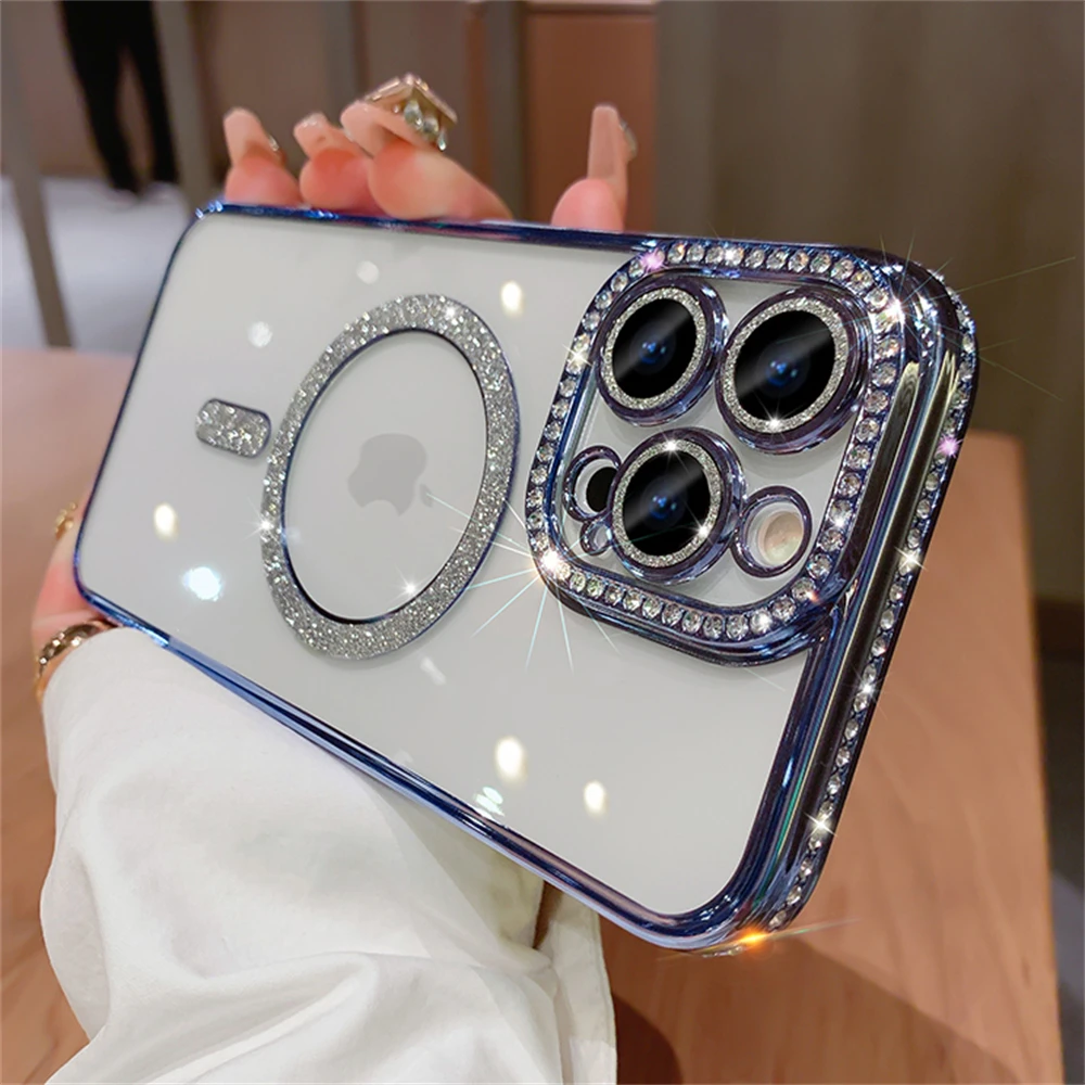thumbnail image 1 of Magnetic Diamond Glitter Bling Case for iPhone 15 14 13 12 11 Pro Max Plus Rhinestone Electroplated Jewelled Transparent Cover, 1 of 5