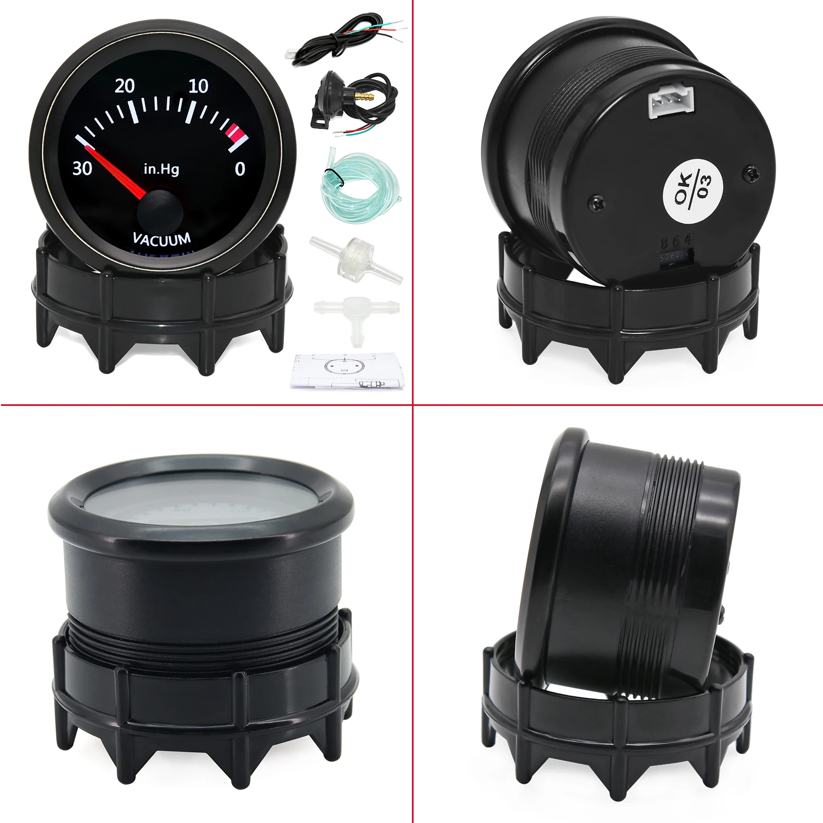 Vacuum Gauge 12V Car Meter Auto Pointer 0~30 In.Hg 2" 52mm Smoke Len Vacuum Meter White LED Digital automotive pressure gauge
