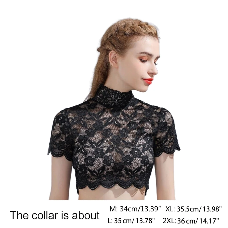 Women Turtleneck Detachable Collar Floral Lace Short Sleeve Half Shirt Dickey Dropship