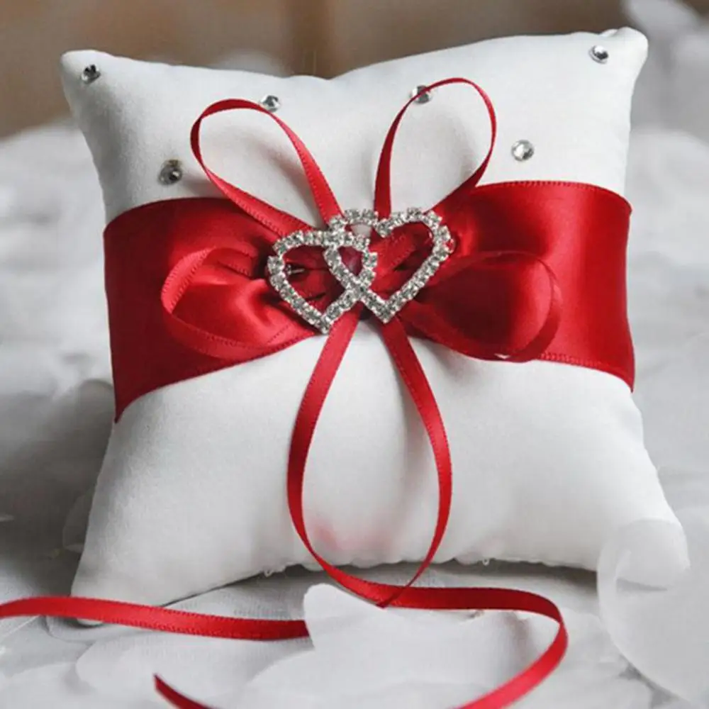 10x10 cm Romantic Bridal Wedding Ring Pillow Double Heart Ribbon