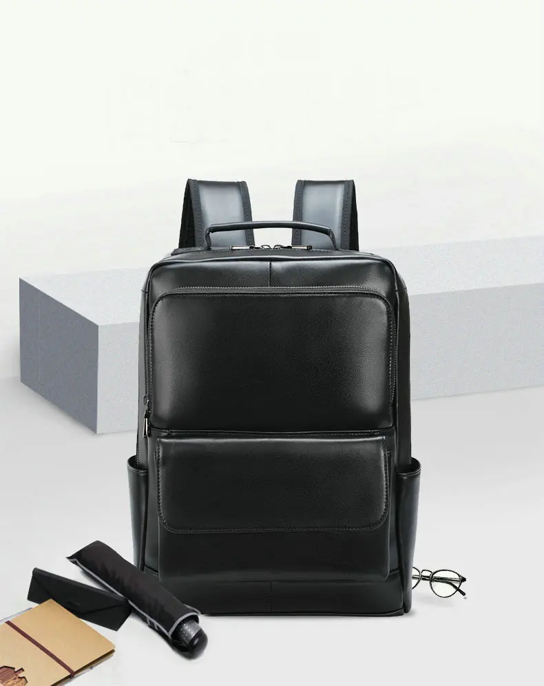Unisex Black Leather Laptop Backpack Purse Bag