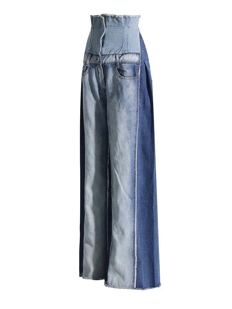ECR Hit Color Patchwork Pocke Jeans For Women High Waist Spliced Raw Hem Loose Streetwear Wide Leg Denim Pants Female Fashion 