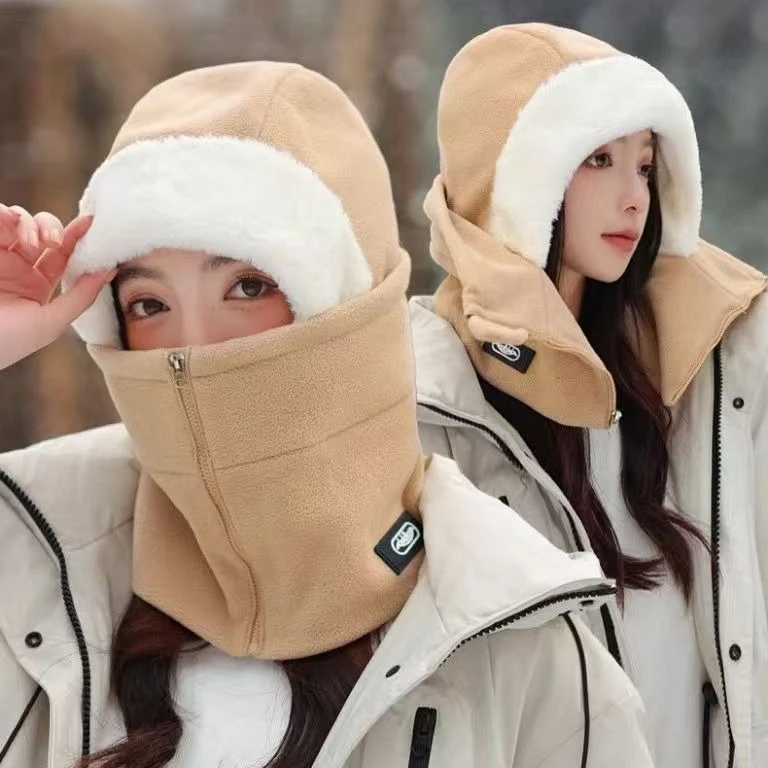 Winter All-around Warm Fleece Hat Fashionable Zipper Mask Cap Integrated Protective Warming Hat Riding Cap for Men Women