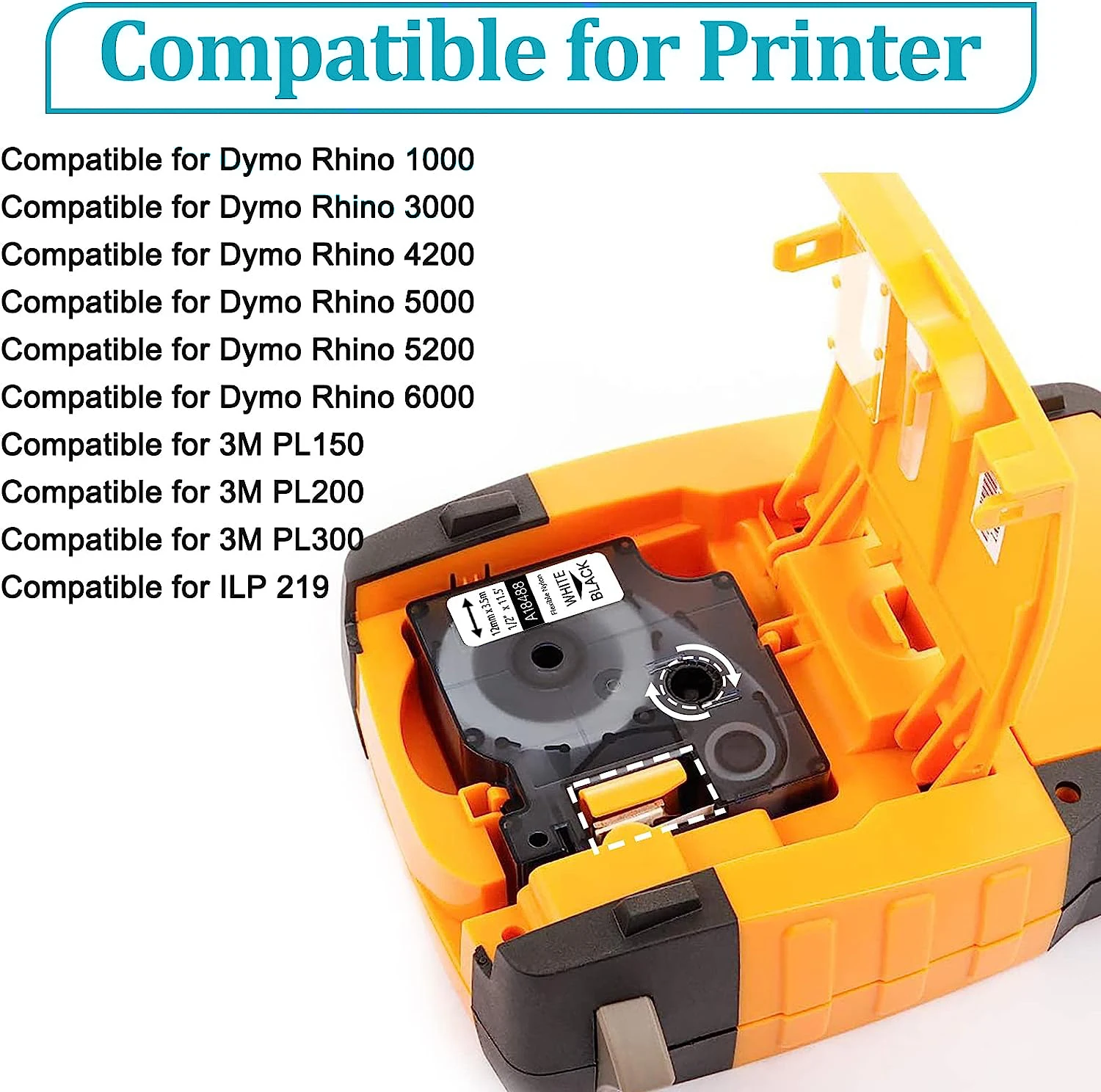 Dymo 18488 호환 라벨 테이프, Rhino 4200 6000 3M PL200 용 산업용 유연한 나일론 테이프, 블랙 온 화이트, 12mm, 19mm, 5 개