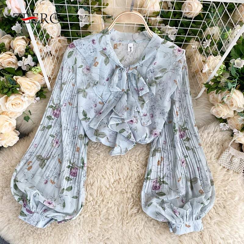 

Spring Vintage Printing Folds Lantern Long Sleeve Tops Female Bow Ruffle Flower Chiffon Shirt Blouse Women Casual Commute Top