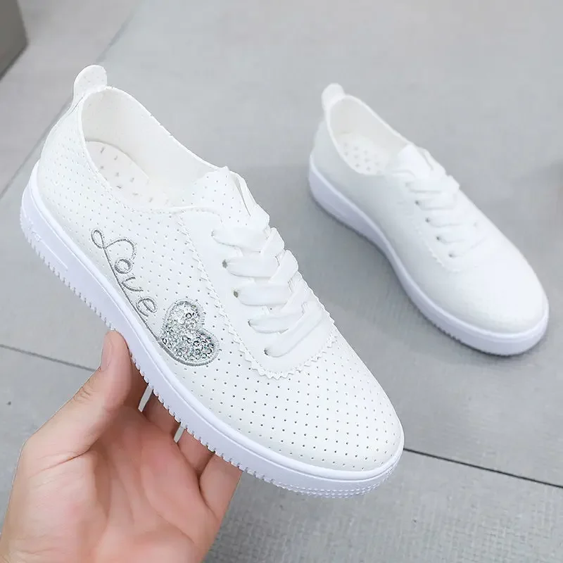 Hollow-Out Leather Sneakers Summer Fashion Women's Vulcanize Shoes Breathable Running Sports-Shoes Women Outdoor Flat Sneakers