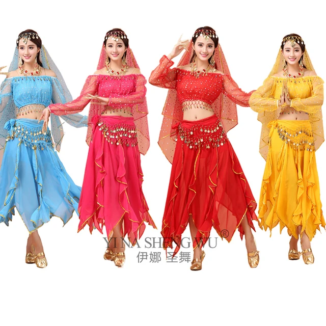  Conjunto de 4 piezas de disfraz de bailarina del vientre para  mujer, con parte superior, pantalones, velo para la cabeza, bufanda de  cadera para baile árabe egipcio, Azul : Ropa, Zapatos