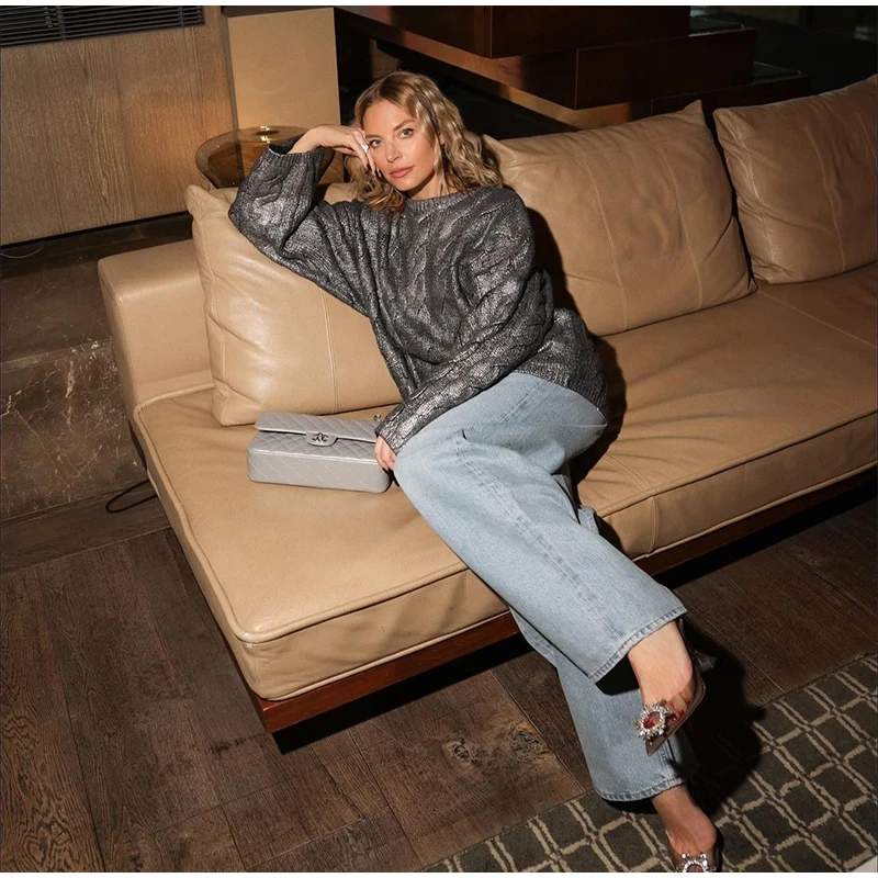 Vintage Knitted O-neck Sweater Women Casual Loose Sliver Long Sleeve Pullover Sweaters Female Winter Chic High Street Knitwear