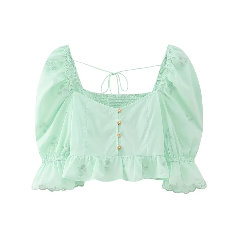 

2023 Summer New Women's V-neck Puff Sleeve Hollow Embroidery Lace-up Short Slim Shirt Top