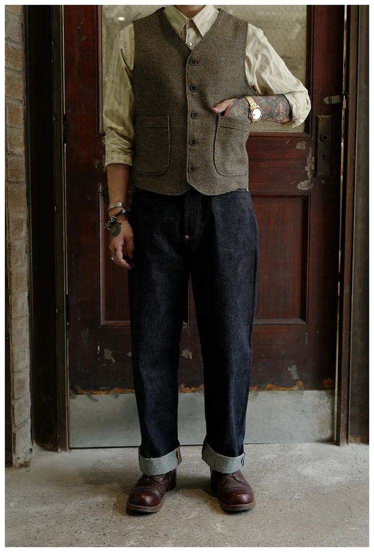 2024 Men's Vest Classic Steampunk Suit Wool Tweed Notch Lapel Waistcoat Thick Tweed Coffee Thousand Bird Grid Coat For Wedding