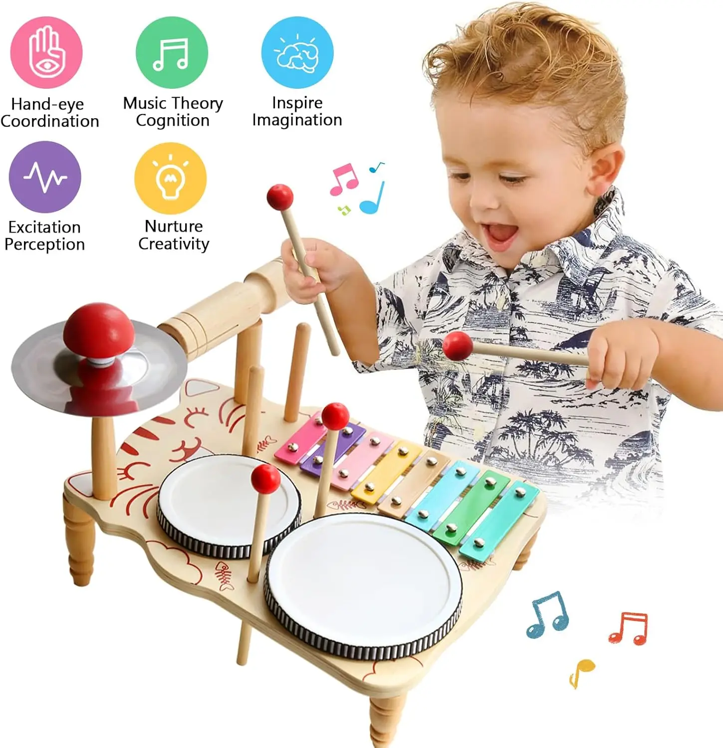 Wooden Music Toys For Babies Children's Multifunctional Music Knocking Table Early Education Kids Drum Set Music Toy Baby Gift 3