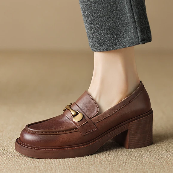 

EAGSITY Genuine Leather block heel slip on loafer shoes women square heel round toe casual fashion ladies dress shoes brown