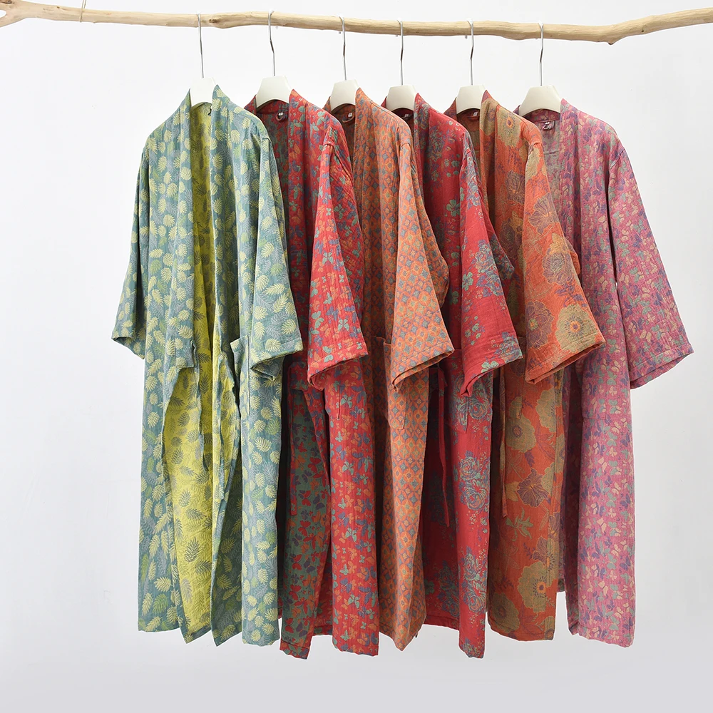 Japanese Women Cotton Yukata Kimono Robe, Summer Double Gauze Bathrobe, Thin Spa Sauna Pajamas, Breathable Belted Homewear
