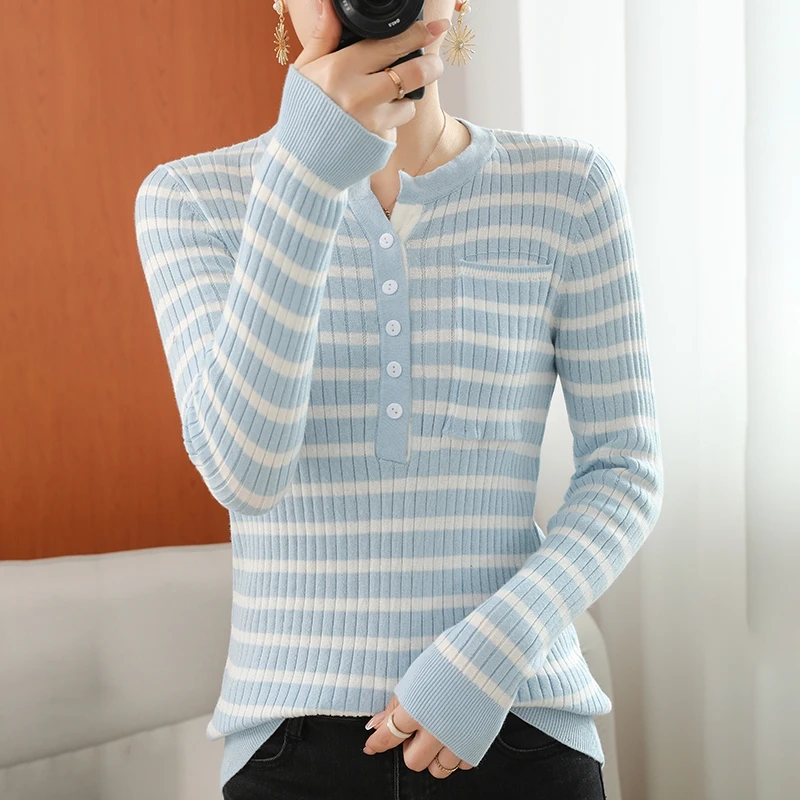 

V-Neck Striped Knitted Sweater Women's Slim Fit Sweater Early Spring And Autumn Thin Cotton Long-Sleeved T-Shirt Bottoming Tide