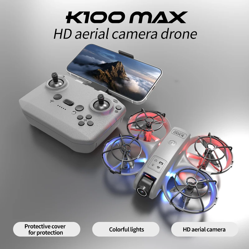 Gros plan sur les deux caméras 8K du drone K100 Max, avec l'objectif principal et le capteur de flux optique visibles.