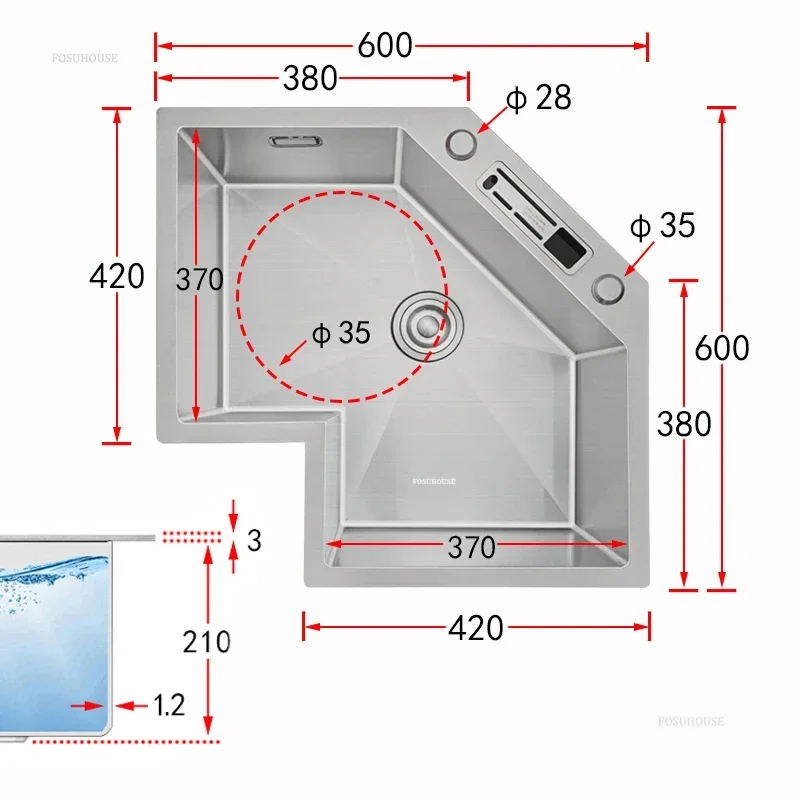 L Shaped Kitchen Sink Stainless Steel Corner Kitchen Accessories Small Apartment Washing Sink Large Single Sink