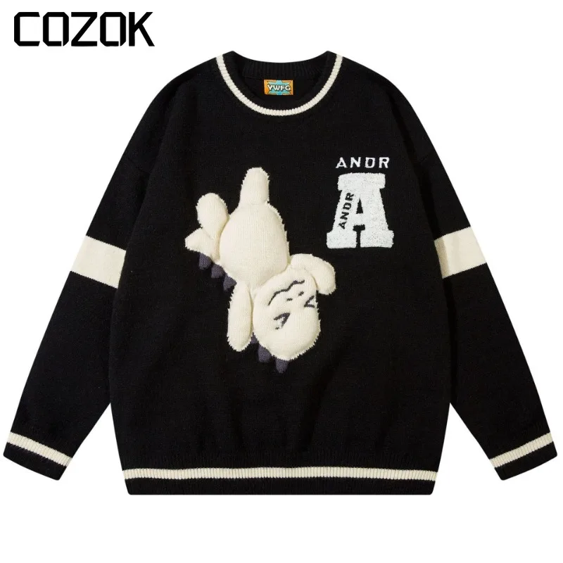 

Japanese Harajuku Sweater Men Autumn Y2K Oversize Cartoon Dinosaur Flocking Knitted Sweaters Unisex Harajuku Baggy Jumper