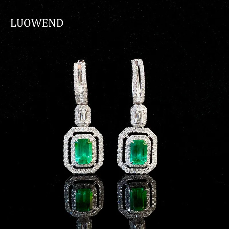 

LUOWEND 18K White Gold Earrings Luxury Diamond Jewelry Real Natural Emerald Gemstone Earrings for Women High Party Jewelry