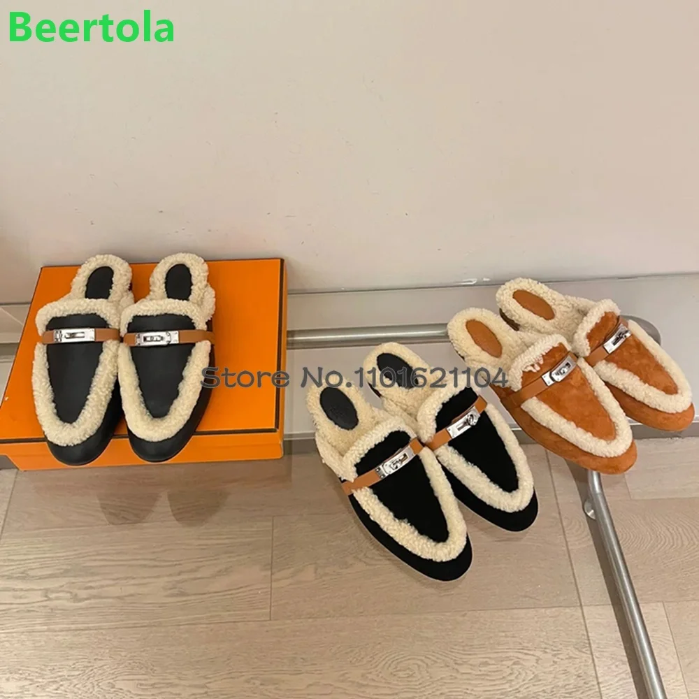 Fur Round Toe Metal Buckle Luxury Design Slippers For Female Women 2023 New Flat With Autumn And Winter Outisde Mules Shoes