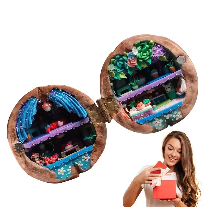 New Walnut Shell Dollhouse Creative Tiny World Inside Noci 3D Scene Handmade Walnut Shell Doll House Mini Library Home Decor