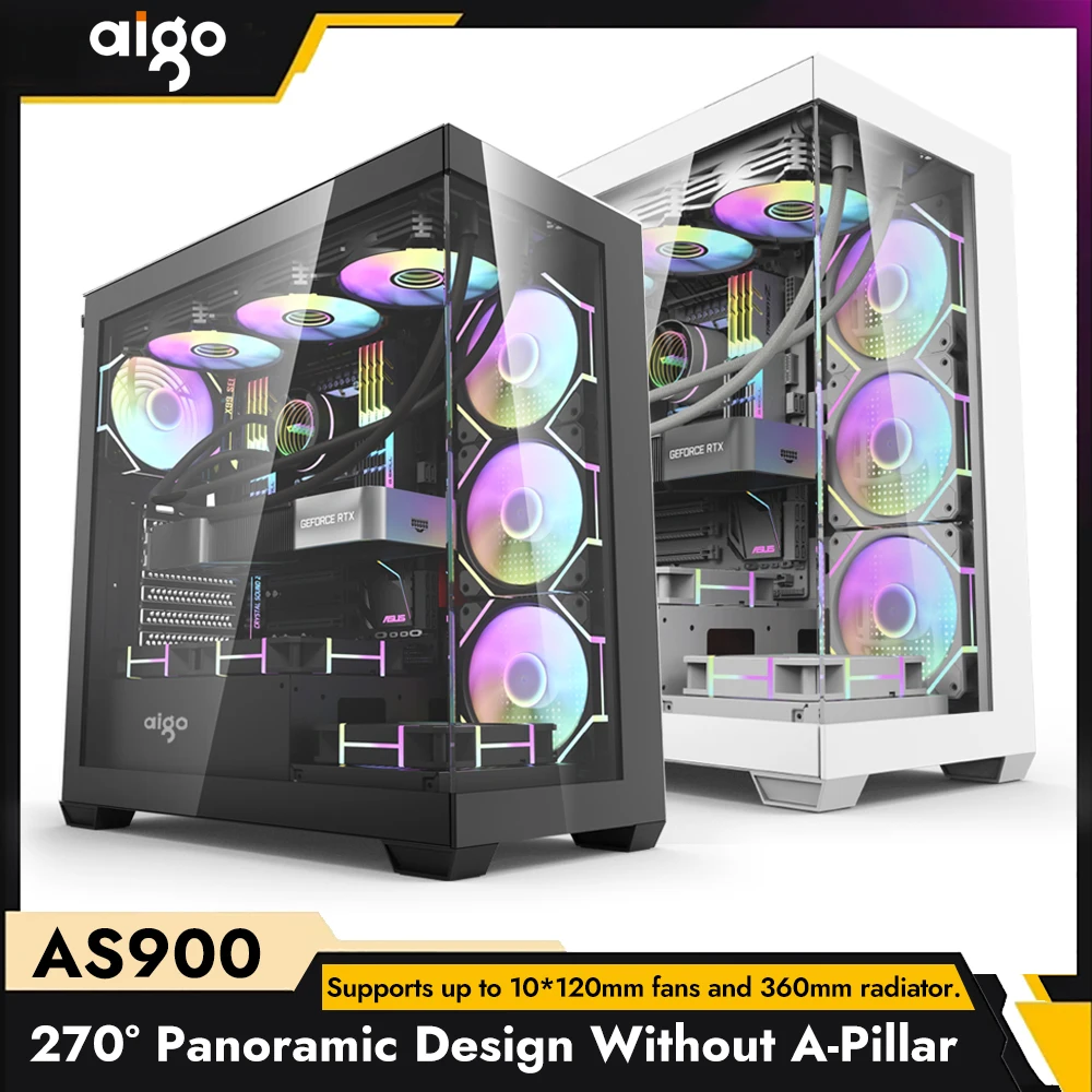 AIGO AS900 PC-Gehäuse ATX M-ATX ITX Motherboard Gamer-Gehäuse Doppelseitiger Desktop aus gehärtetem Glas 270° Meerblick Zimmer Computergehäuse