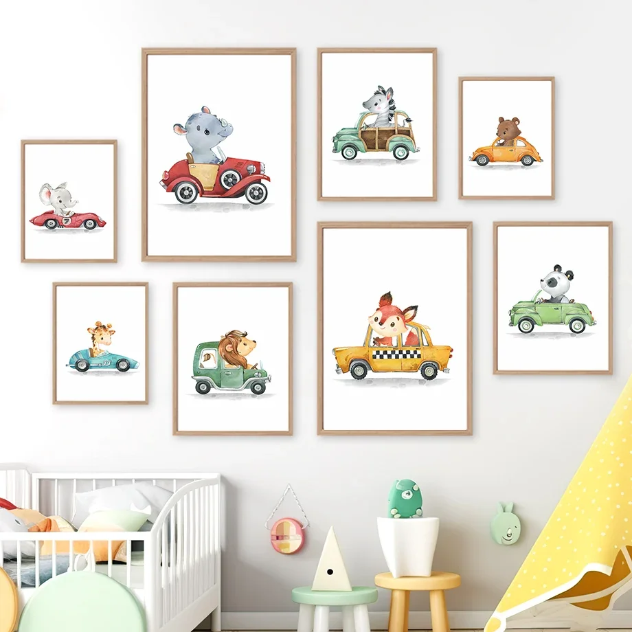 

Elephant Zebra Giraffe Panda Lion Bear Fox Car Wall Art Canvas Print Painting Nursery Poster Cartoon Picture For Kids Room Decor
