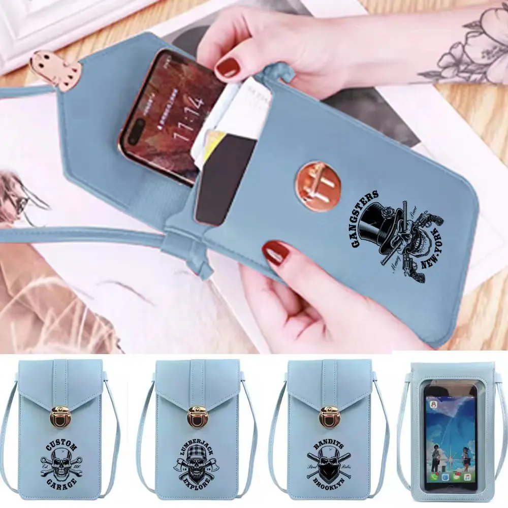 

Women Mini PU Leather Shoulder Messenger Bag Universal Mirror Touch Screen Anti-Scratch Mobile Phone Bags Wallet Skull Print