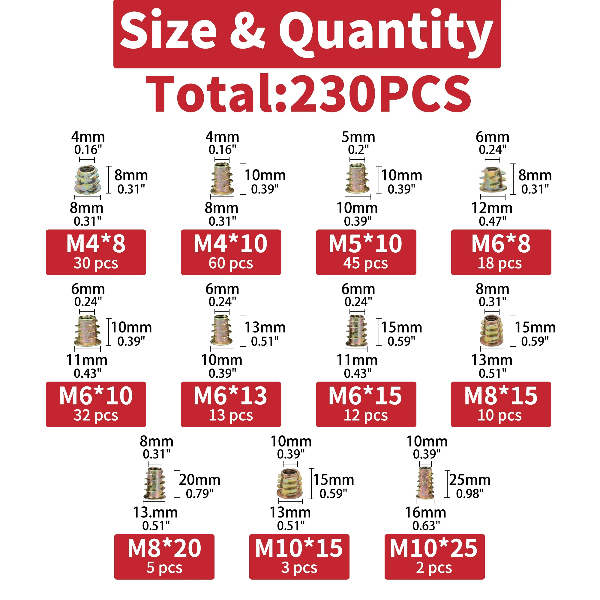 Threaded insert nut 130/230pcs Threaded Inserts Nuts Threaded Wood Inserts Nuts Assortment Tool Kit 11 Sizes Metric M4/M5/M6/M8/M10 Hex Socket Dri