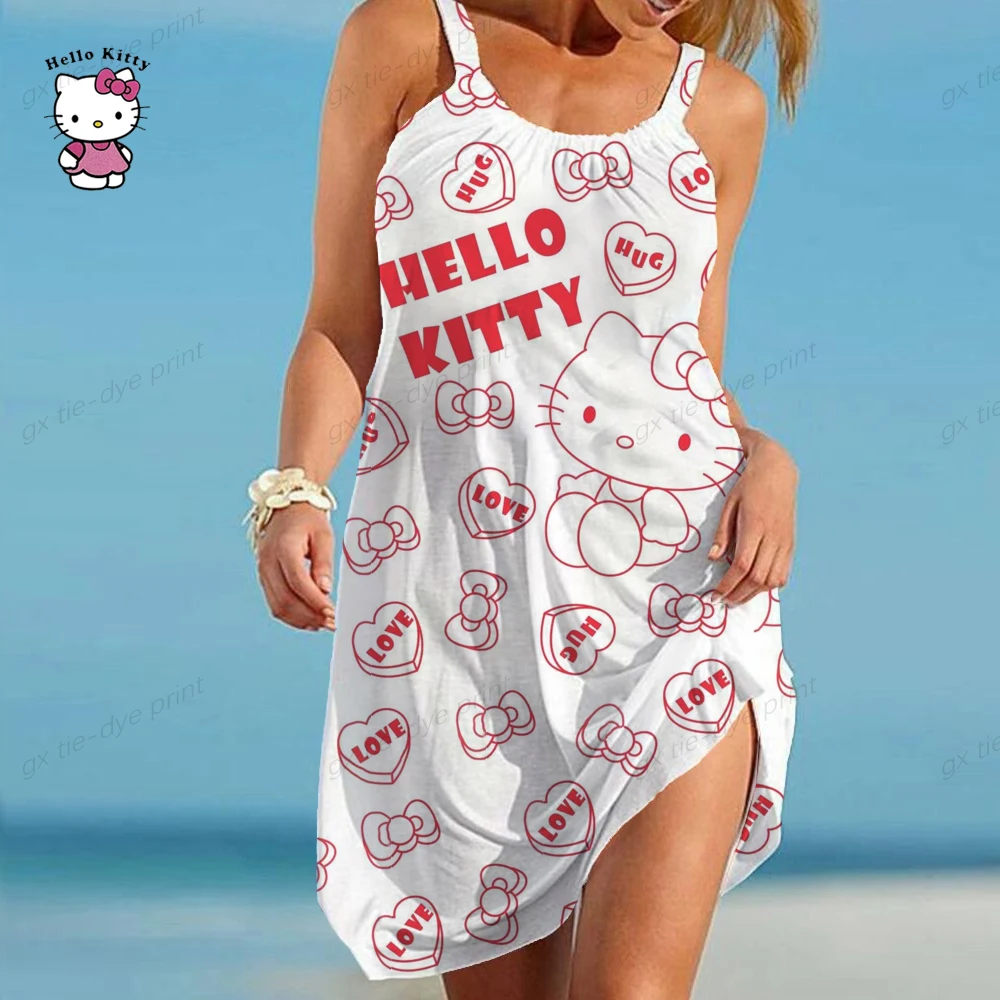 

Ladies Elegant Dress 2023 Hello Kitty Print Beach Dress Loose Sling Dress Women Print Cartoon Fashion Dress Hot Sale