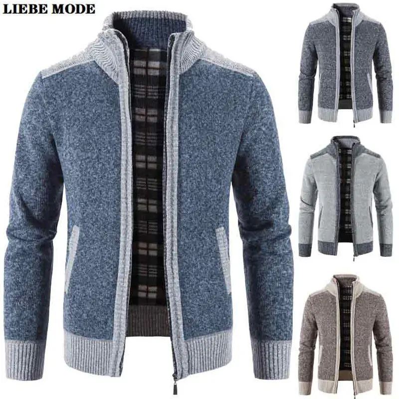 

New Men's Sweater Coat Fashion Patchwork Cardigan Men Knitted Sweater Jacket Slim Fit Stand Collar Thick Warm Cardigan Coats Men
