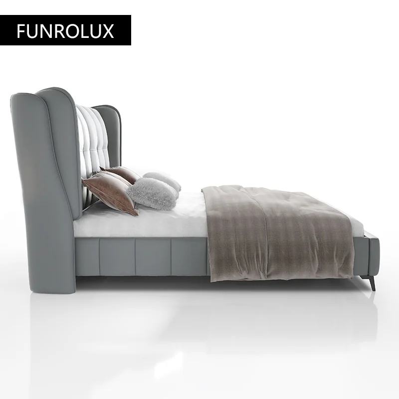 Luxury Modern Leather Bed Double Bed Master Bedroom1.5/1.8M Beige Matte Leather Soft Queen/King Size leather bed