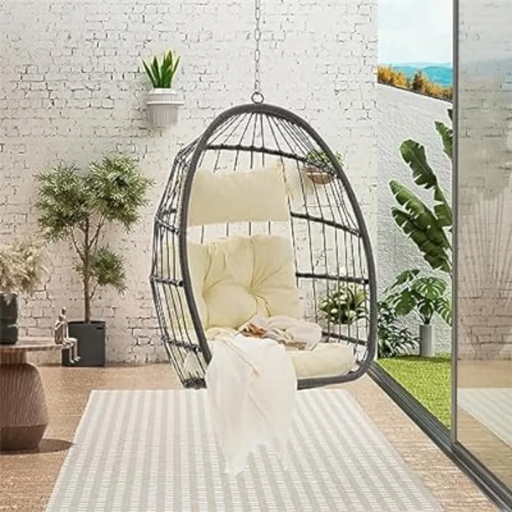 Egg Swing Chair Without Stand, Patio Rattan Wicker Hanging Chairs with Cushion and Pillow, Patio Swing Chair