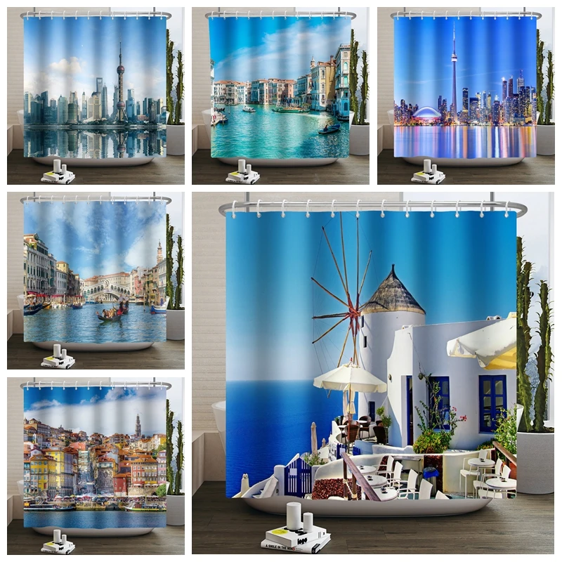 Scenery Shower Curtain Venezia City Italian Santorini Greece Buliding Landscape Bathroom Curtains Bathtub Screen with Hooks