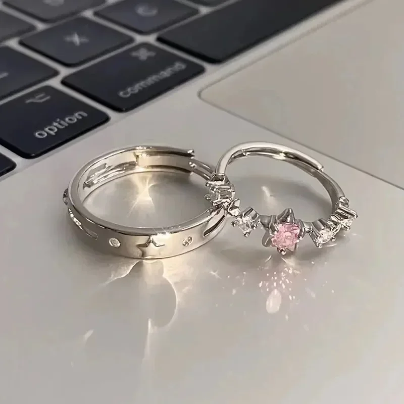 Y2K Style Sparkling Pink Zircon Bride Rings for Women Couples Korean Trendy Heart Star Geometric Wedding Earring Party Jewelry 5