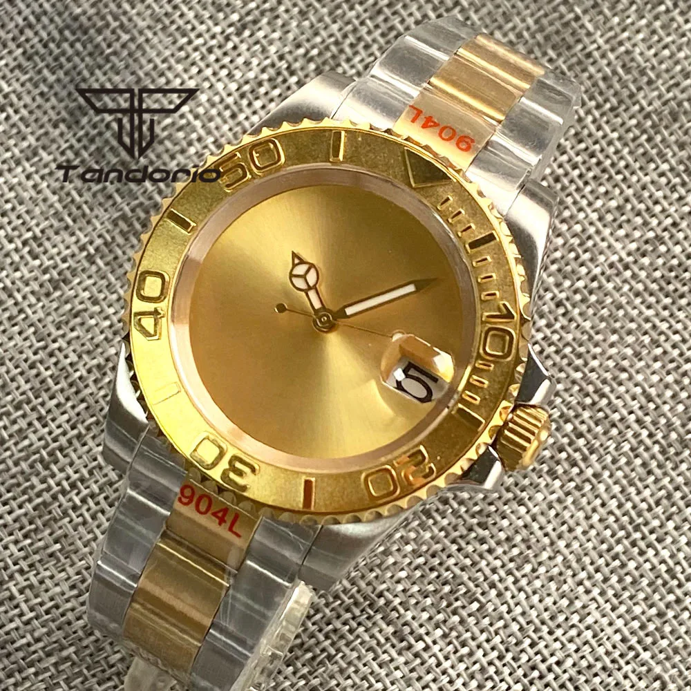 

PT5000 NH35A Sterile Gold Sunburst Dial 40mm Automatic Men Watch Steel Insert Rotating Bezel Sapphire Glass Two Tone Steel Band