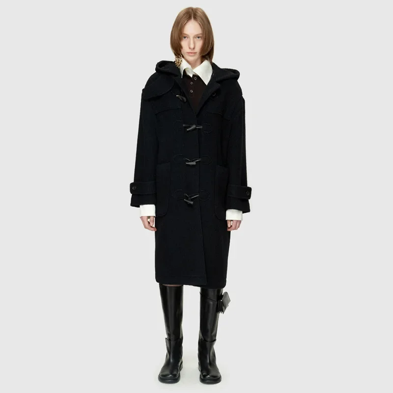 

Horn Button Hooded New Winter Thickened Warm Wool Women Woolen Coat