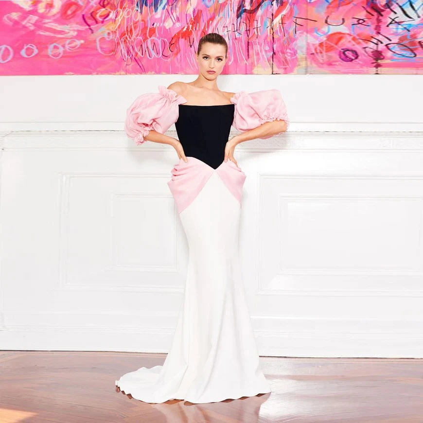 

KSDN Pink White and Black Prom Dress Elegant Off Shoulder Floor Length Half Sleeve Formal Occasion Evening Party فساتين السهرة