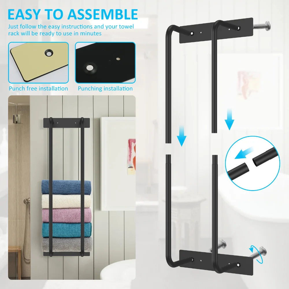Towel Rack Wall Mounted Towel Shelf for Bathroom Sturdy Iron Holder Space Saving Large Capacity Storage Organizer