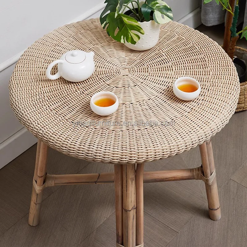 Rustic Round Tall Side Table Small Round Coffee Table with Storage Wicker Sofa Side Handmade