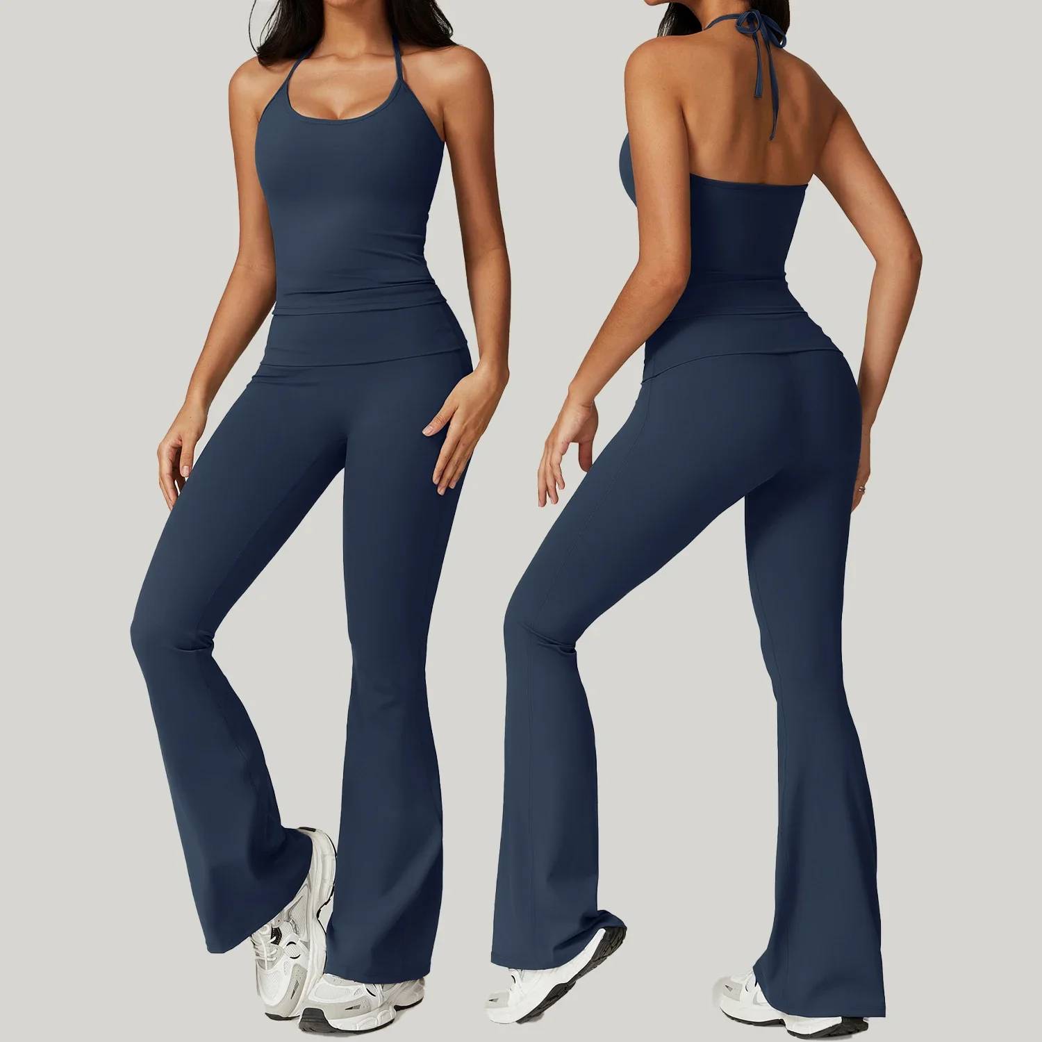 Hanging Neck Back Yoga Flared Pants Set Flip Fold High Waisted Skinny Gym Workout Breathable Casual Fitness Exercise Clothing yoga set sports set gym workout set sportswear set fitness set yoga pants set