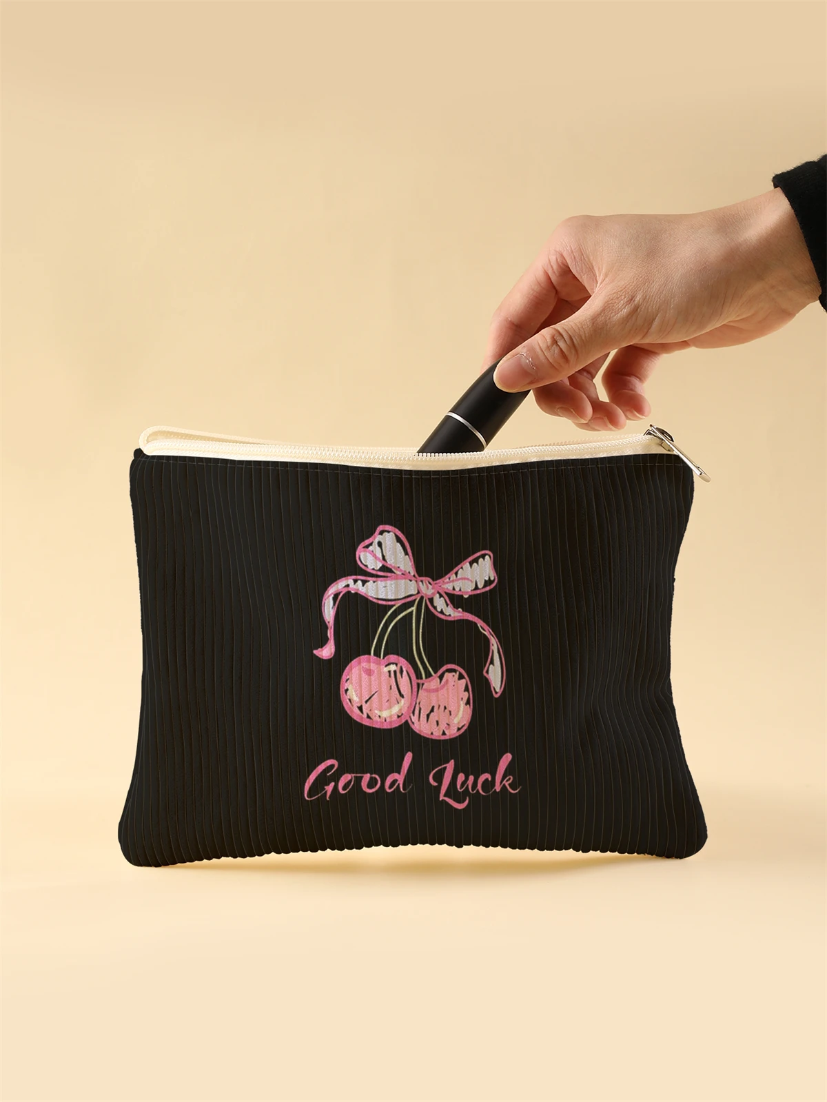 Women's Corduroy Travel Cosmetic Bag Portable Large Capacity Makeup Storage Organizer Zipper Clutch Purse Make up Bag