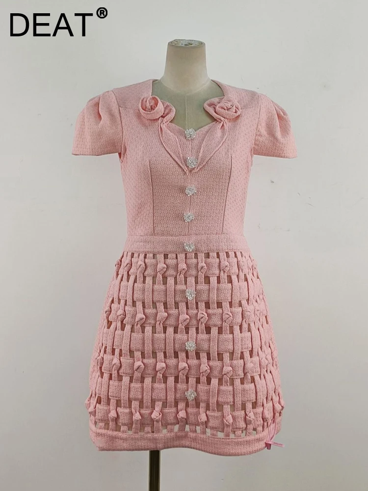 

DEAT 2024 Spring Women's Patchwork Flower Dress Hollow Out Short Sleeve Solid Color Knitted Mini Dresses Female Fashion 15C72