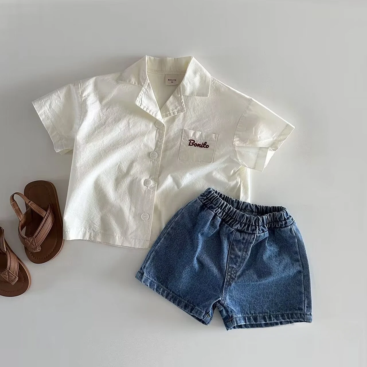 Korean Summer Boys and Girls Cotton Solid Pocket Pants Thin Casual Denim Shorts Kids Shorts