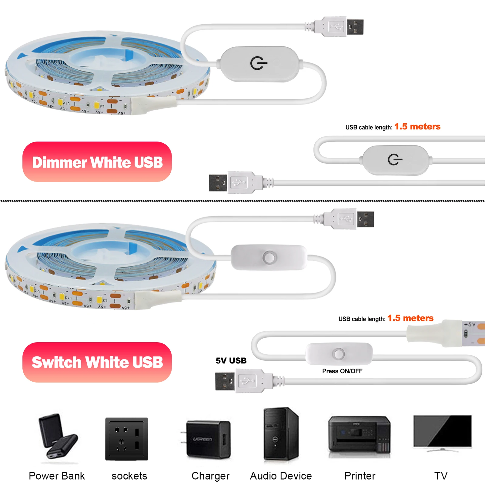 รูปสินค้า LED Strip Light 60LEDs 1/3/5M สีขาวอุ่น-ฟ้า ปรับสว่างได้ กันน้ำ