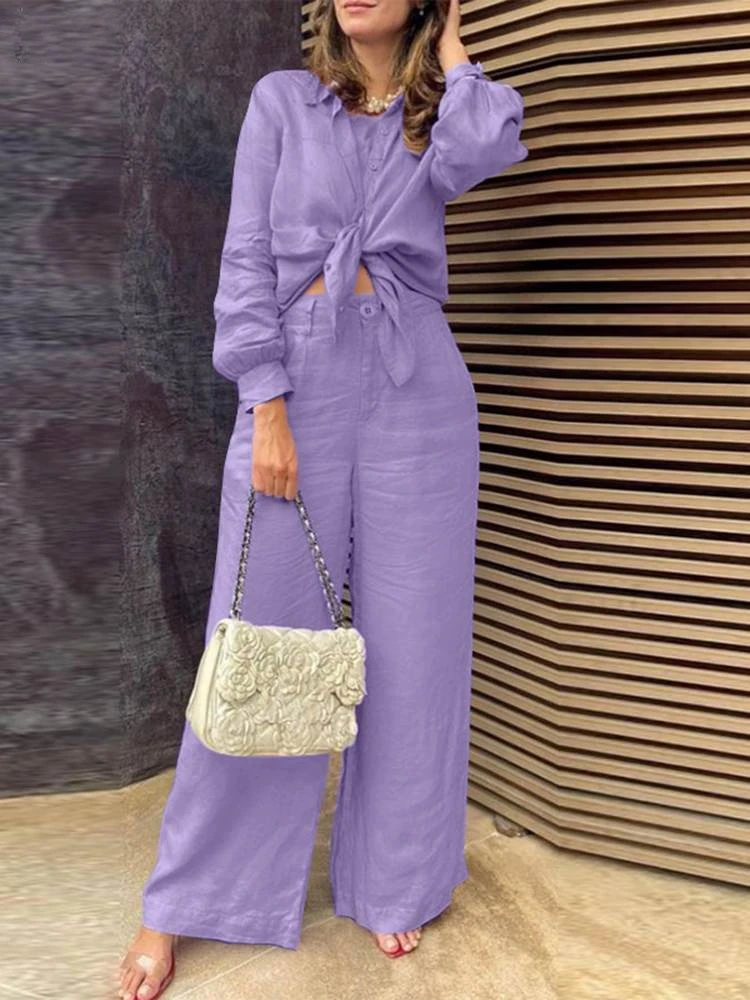 New  Women Elegant Lapel Neck Long Sleeve Shirt Pants Sets Solid Work OL Trousers Suits Tracksuit 2PCS Fashion Autumn Outifits