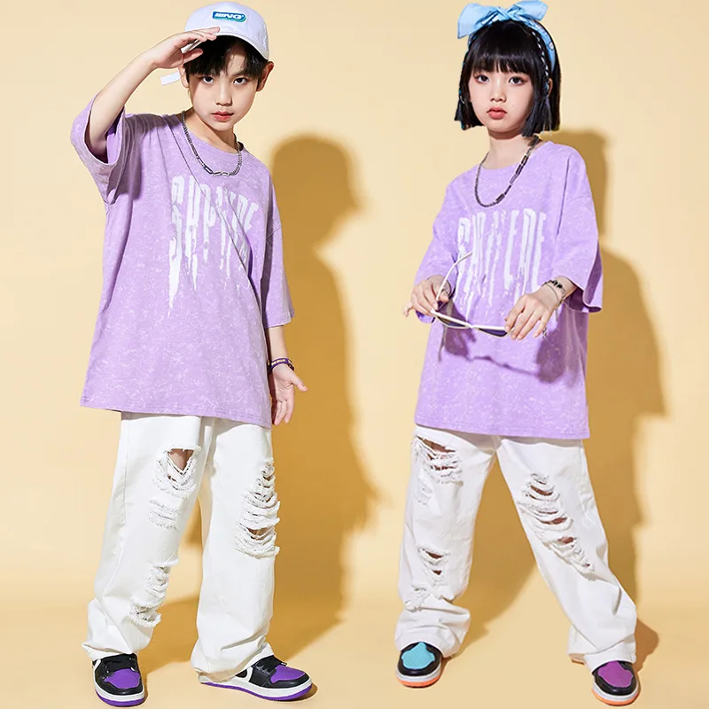 

Kid Kpop Hip Hop Clothing Purple Distressed T Shirt Top White Casual Street Ripped Pants for Girl Boy Jazz Dance Costume Clothes