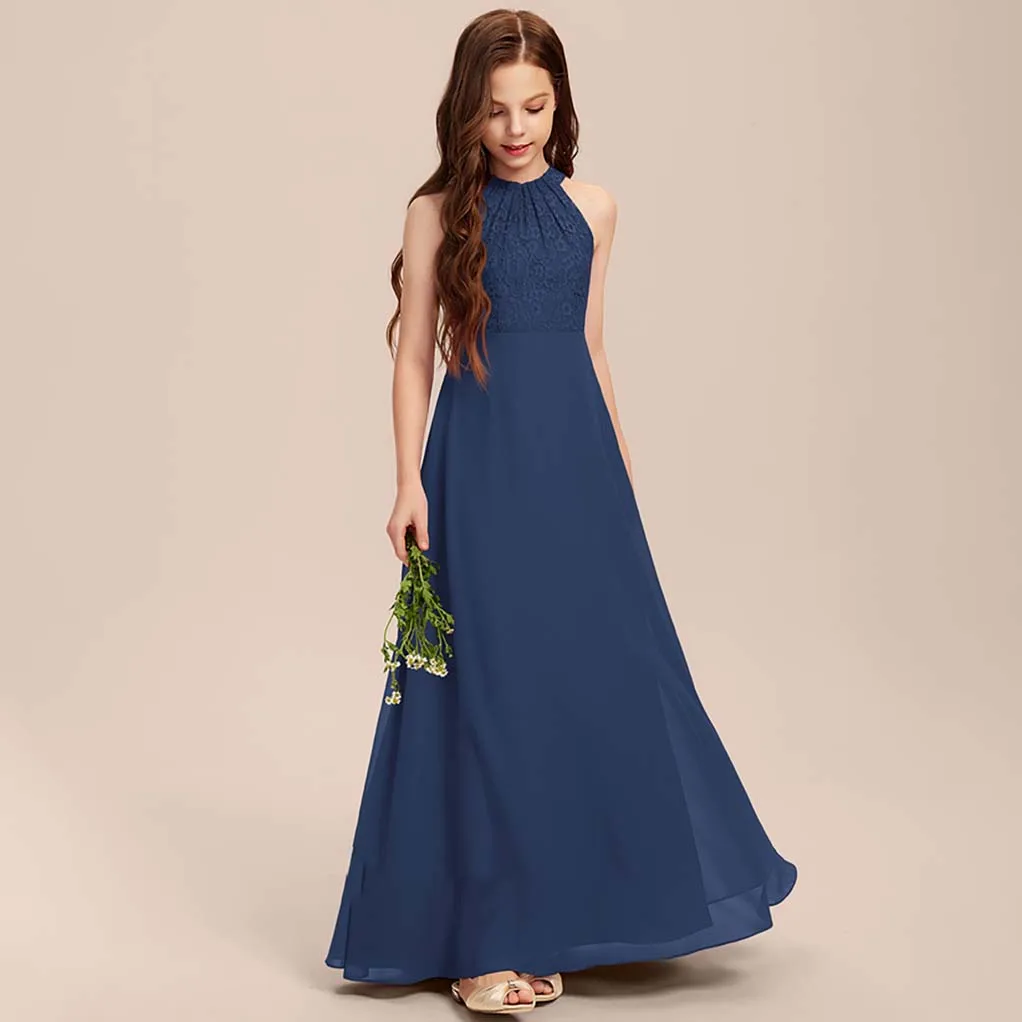 A-line Halter Floor-Length Chiffon Junior Bridesmaid Dress Real Pictures Chiffon Flower Girl Dress Party First Communion Gown