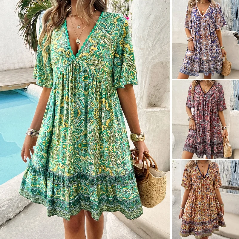 

DY-TemuWomen's Clothing2024Spring and Summer Vacation Casual PrintingVCollar Dress
