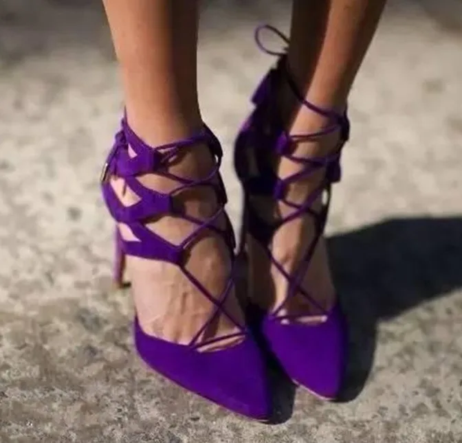 

Summer Geomatric Cutout Crosstie Lace -Up Sandals High Heel Purple Suede Gladiator Pointd Toe Femmes Talon Banquet Dress Shoes